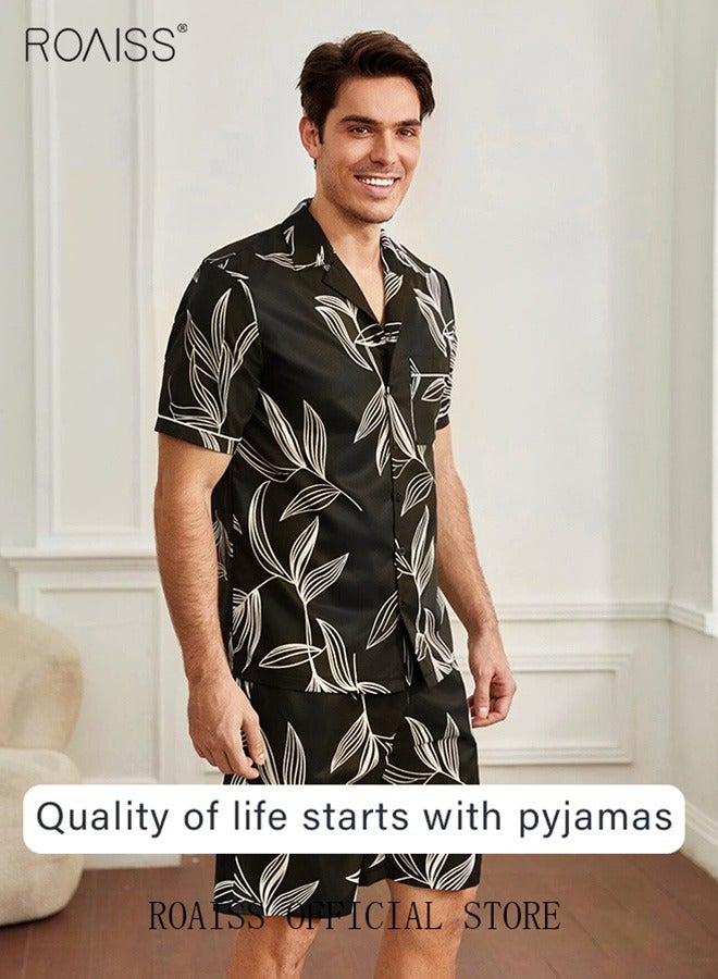 roaiss Plus Size Men's 2 PCS Pajama Set, Leaf Print Ice Silk Sleepwear Set,  Loose Button Placket Short Sleeve Top and Elastic Waist Shorts,  Cooling  Breathable Lightweight Polyester Blend Loungewear Set, Cozy Casual Nightwear for Spring Summer, Black - Image 1